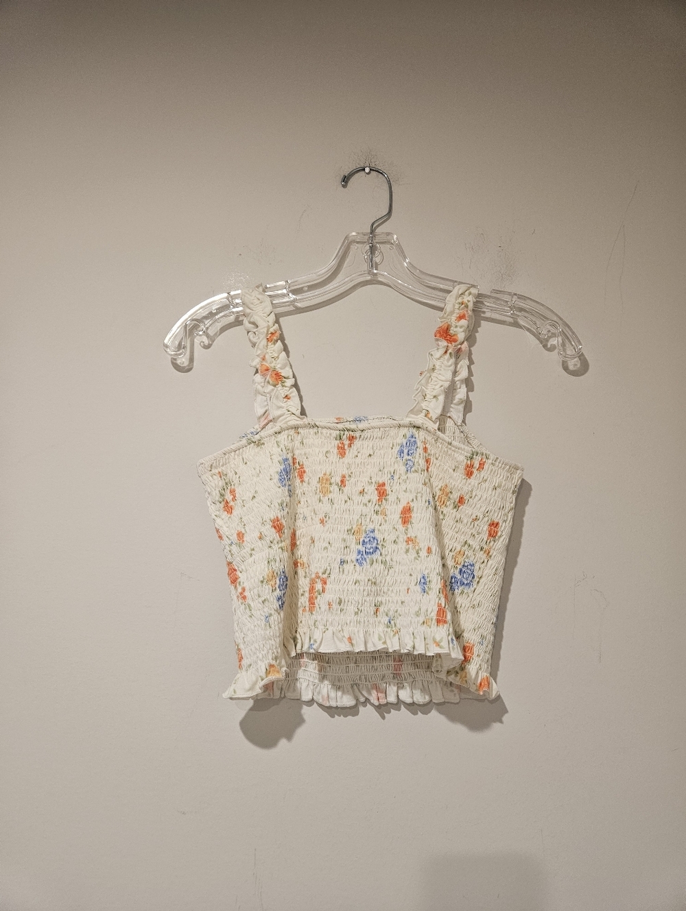 SO White Smocked Floral Ruffle-Trim Crop Top, Size Medium - Picture 3 of 4
